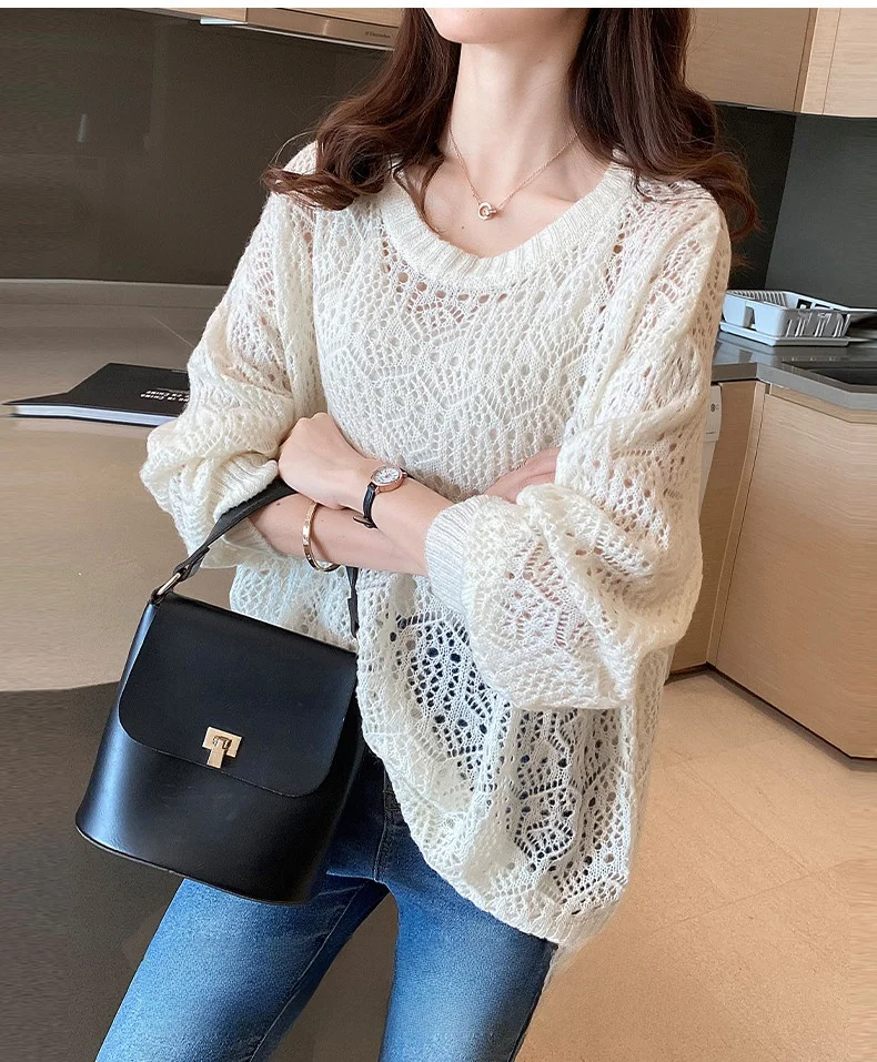 

Women's Hollow out Knitted Sweater Thin Loose Spring Autumn round Ne T-irt Overalls Faionable Sun Protection Coat