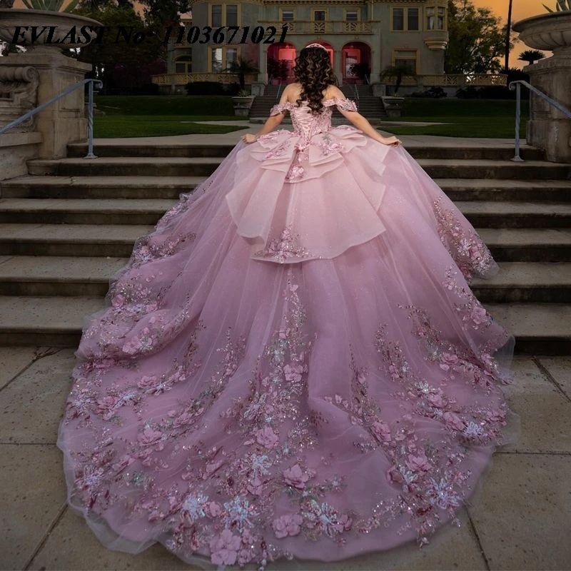 Evolt personalizado rosa quinceanera vestido de baile 3d floral applique miçangas em camadas espartilho doce 16 vestidos de xv 15 anos sq88