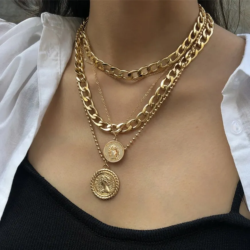 Hip Hop Trend Multilayer Round Pendant Necklace for Women Fashion Punk Gold Color Thick Chain Party Neck Jewelry Accessories New