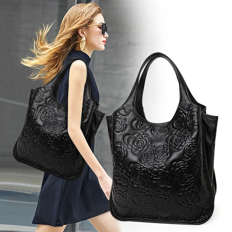 Genuine Cowhide Embossed Rose Tote Bag Detachable Cross Strap Large Multi Compartment Ladies Shoulder Bag Daily Work Travel