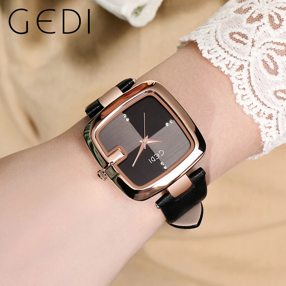 Fashin Gedi Brand Women Square Clock Minimalist Waterproof Quartz Ladies Clock Brown Leather Casual Simple Female Wrist Watches