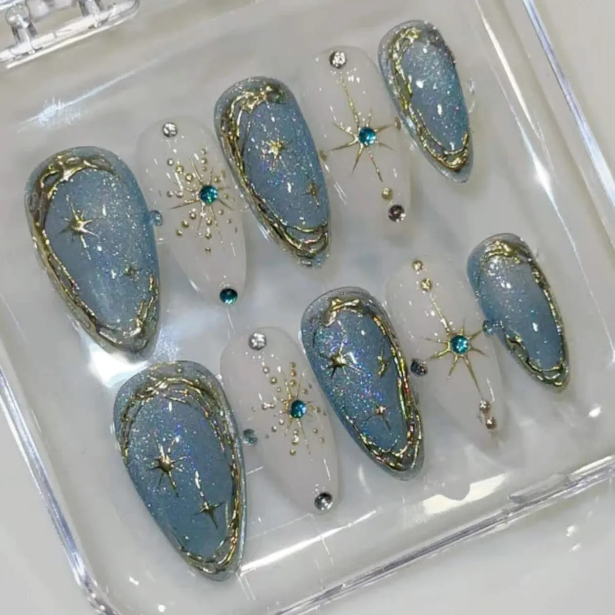 24pcs Gilded Starlight Stick on Nail Art Glitter Rhinestone Wearable Press on Nails Tips Blue Almond False Nails Sets Fake Nail