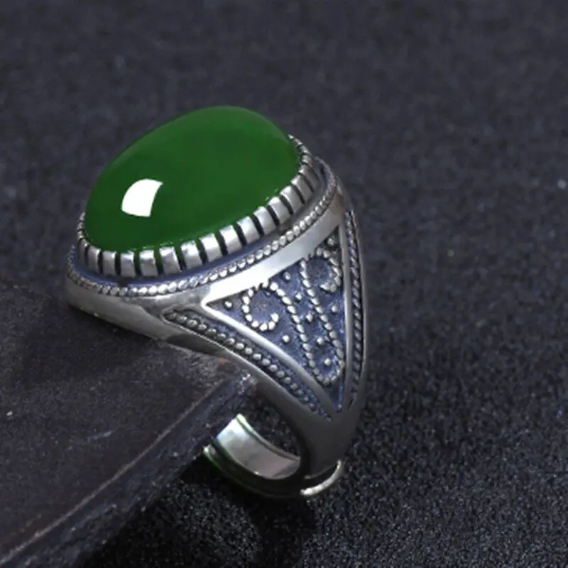 New Men\\\'s Classic Vintage Fashion Micro Set Green Zircon Ring Opening Chinese Fashion Antique Pattern Accessories