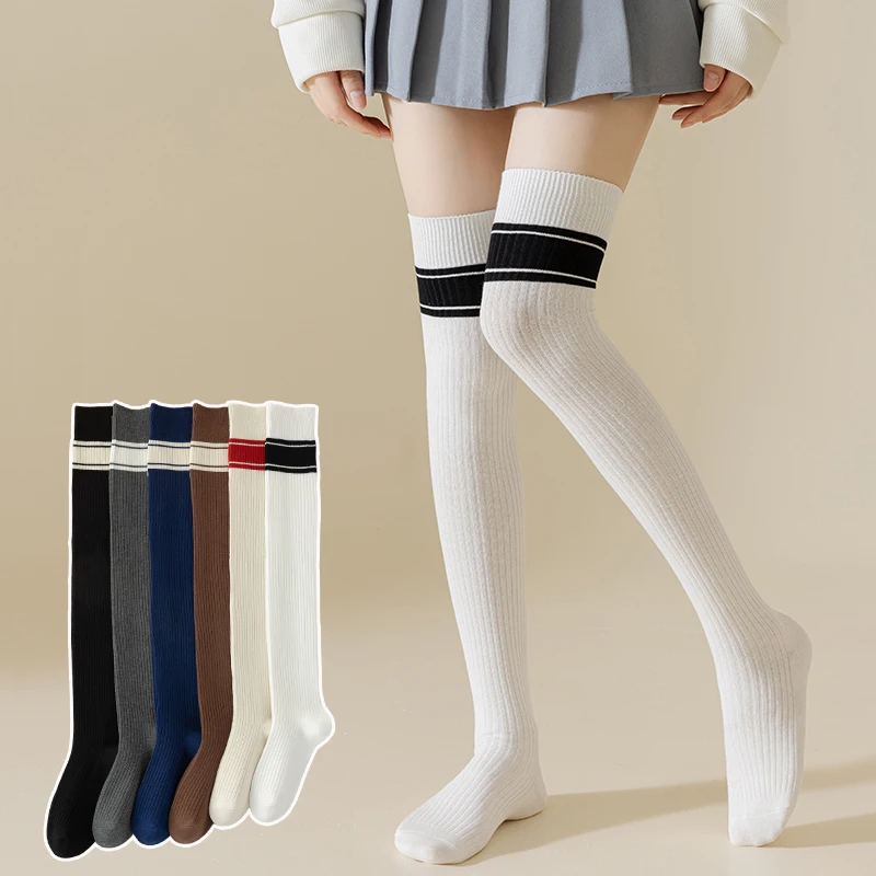 

Spring and Autumn Women's Student Long Socks Double Needle Campus Style Cotton Vertical Stripe Showing Thinness Knee High Socks