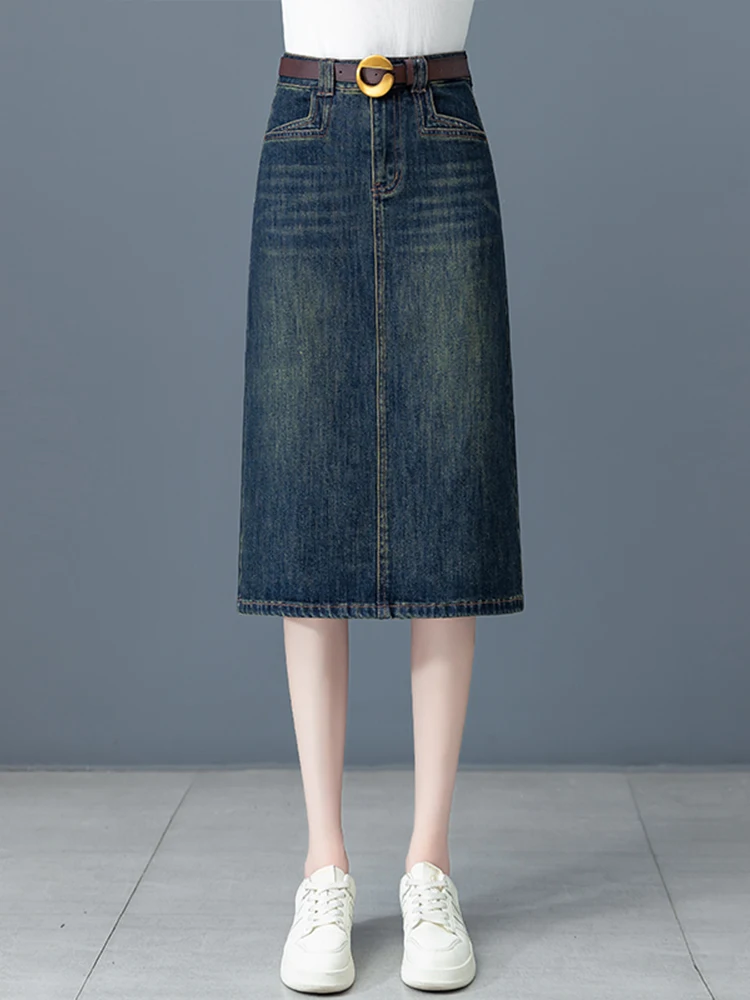 

Ретро джинсовая юбка-полусолнце женская, весна-осень, с высокой талией, А-силуэт, облегающая, средней длины, с разрезом, в корейском стиле, повседневная