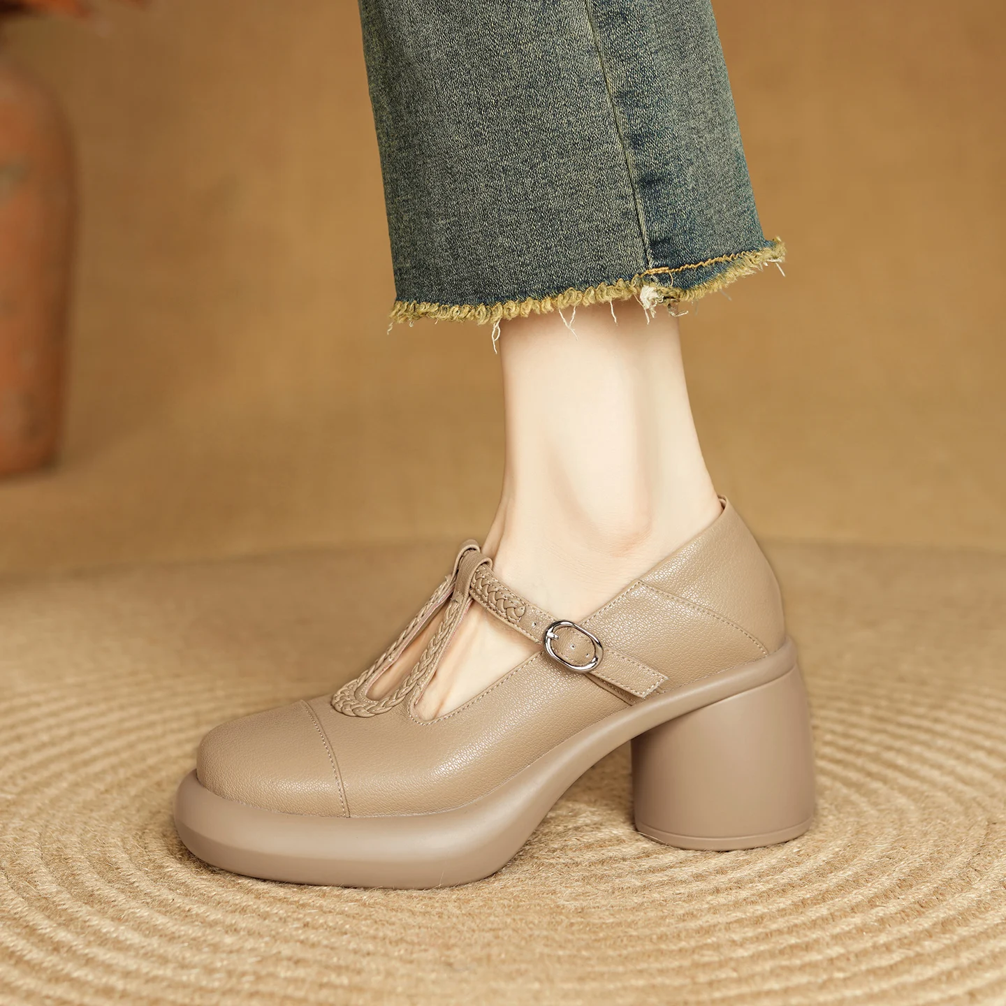 

Genuine Leather Round Toe Woven Platform Chunky Heel Pumps Single Buckle Mary Jane Shoes Vintage for Women