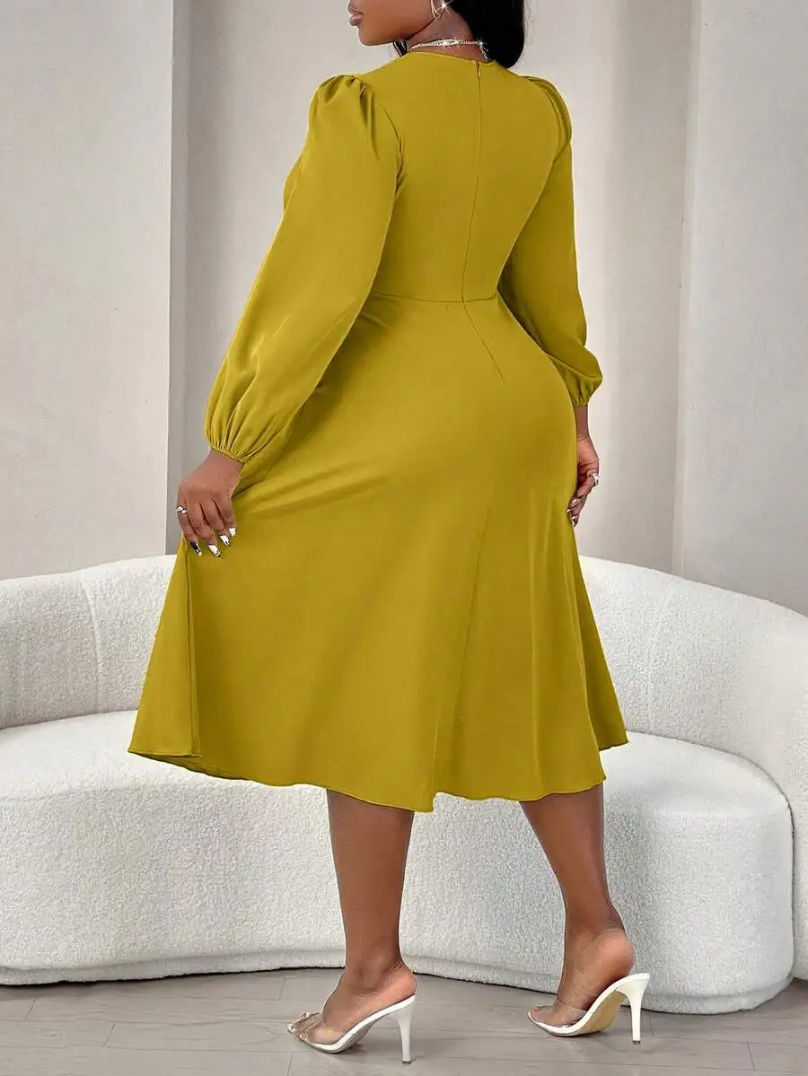 

Elegant Long Sleeve Flared Midi Dress For Women Solid Green Formal Party Outfit