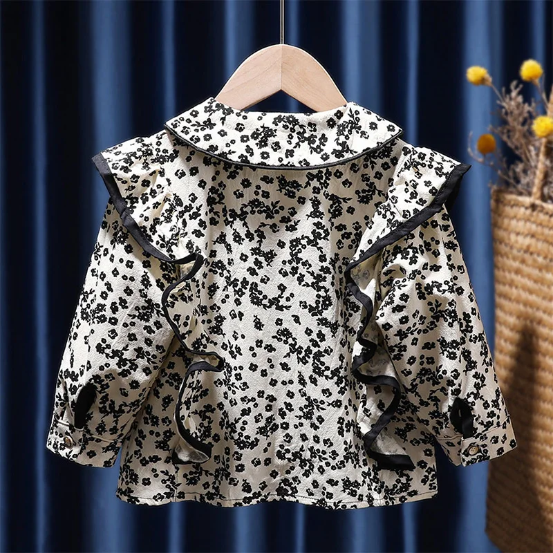 Fashion Floral Printing Peter Pan Collar Splicing Agaric Edge Shirt Girl Clothes Spring Autumn Contrast Color Button Blouse Kids