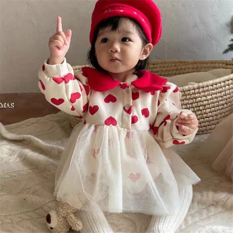 2023 Winter New Baby Girl Cute Heart Print Bodysuit Infant Long Sleeve Jumpsuit With Mesh Skirts Toddler Girl Christmas Clothes