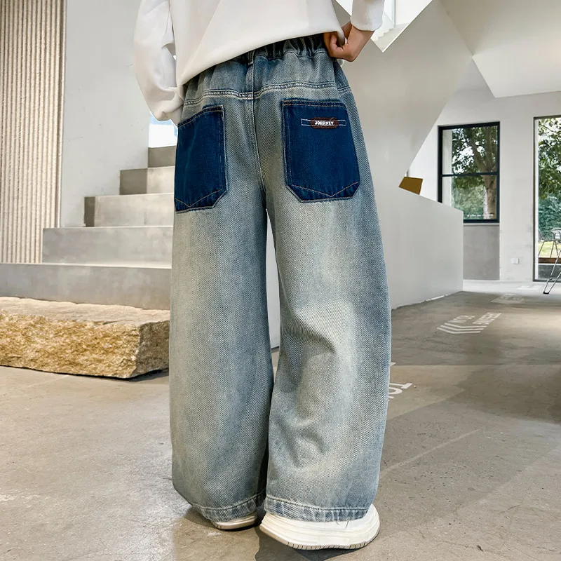 Korean Style Teenage Child Wide Leg Ripped Jeans for Boys 5 To 14 Years Old Kids Loose Casual Denim Pants 2025 New Arrivals
