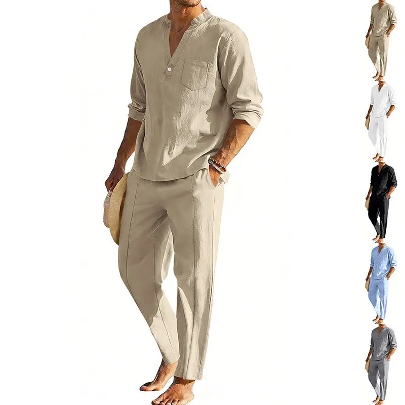 

Spring Fall Cotton Linen 2 Piece Outfits for Men, Casual Henley Shirt Tops + Wide Leg Trousers Set, Breathable Loose Beach Wear