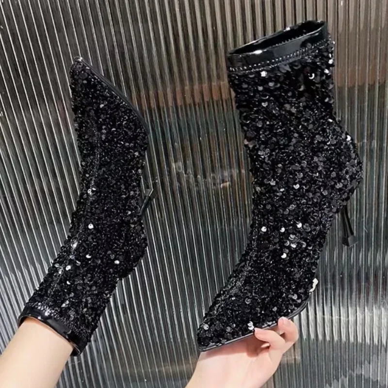 Luxury Glitter Ankle Boots Women High Heel Bling Sexy Pointed Toe Shoes Woman 2024 Trend Elegant Party Dress Chelsea Botas Mujer