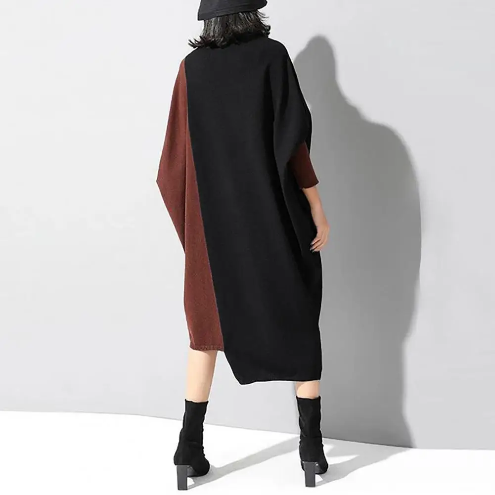 Fashion Autumn Winter Plus Size Warm Stitch Color Knitting Long Dress Comfy Women Dress Turtleneck Daily Clothing