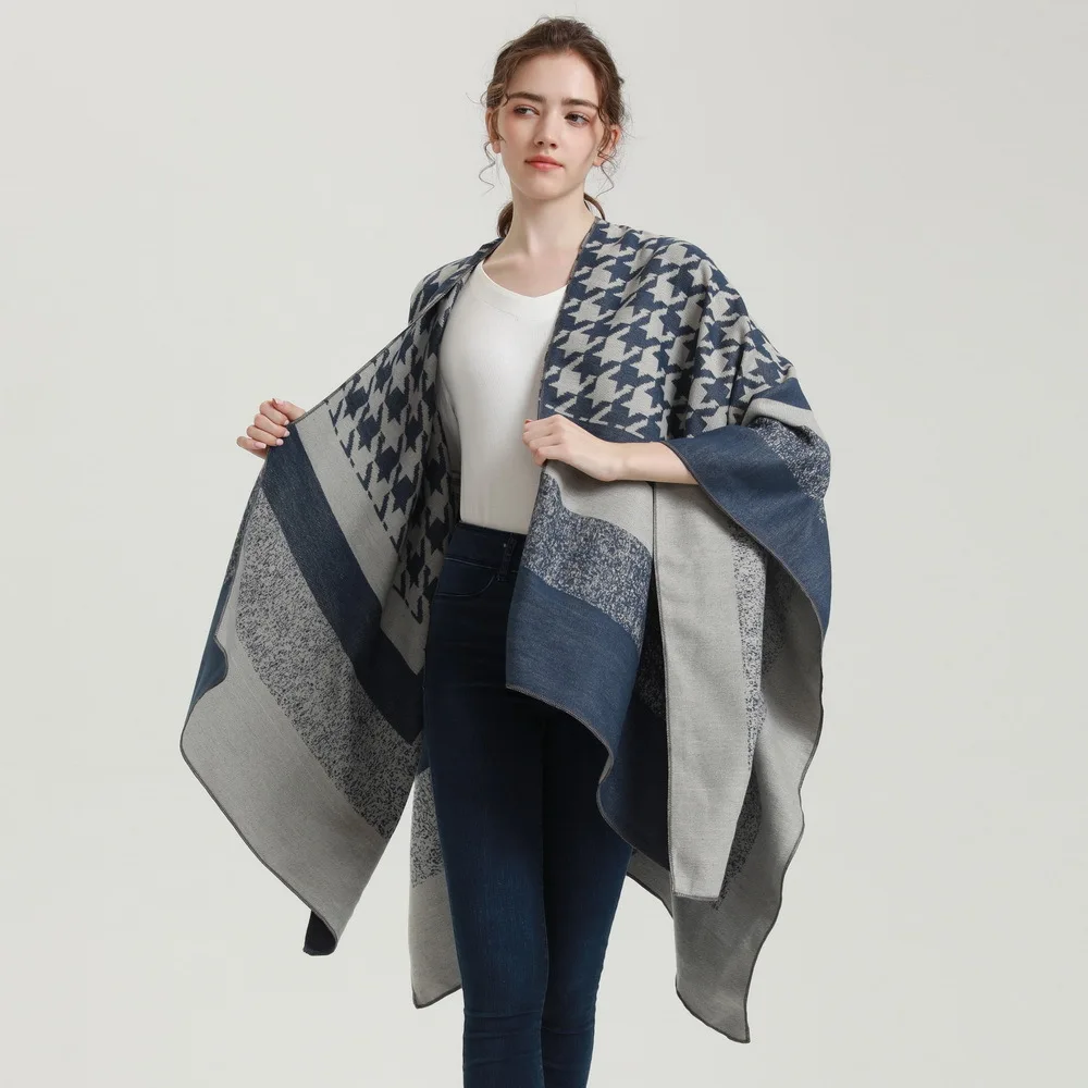 أزياء خمر التباين الألوان البلايد فو الكشمير كيب يلتف للجنسين الخريف الشتاء طويل المعطف ملابس خارجية السفر الترفيه عباءة