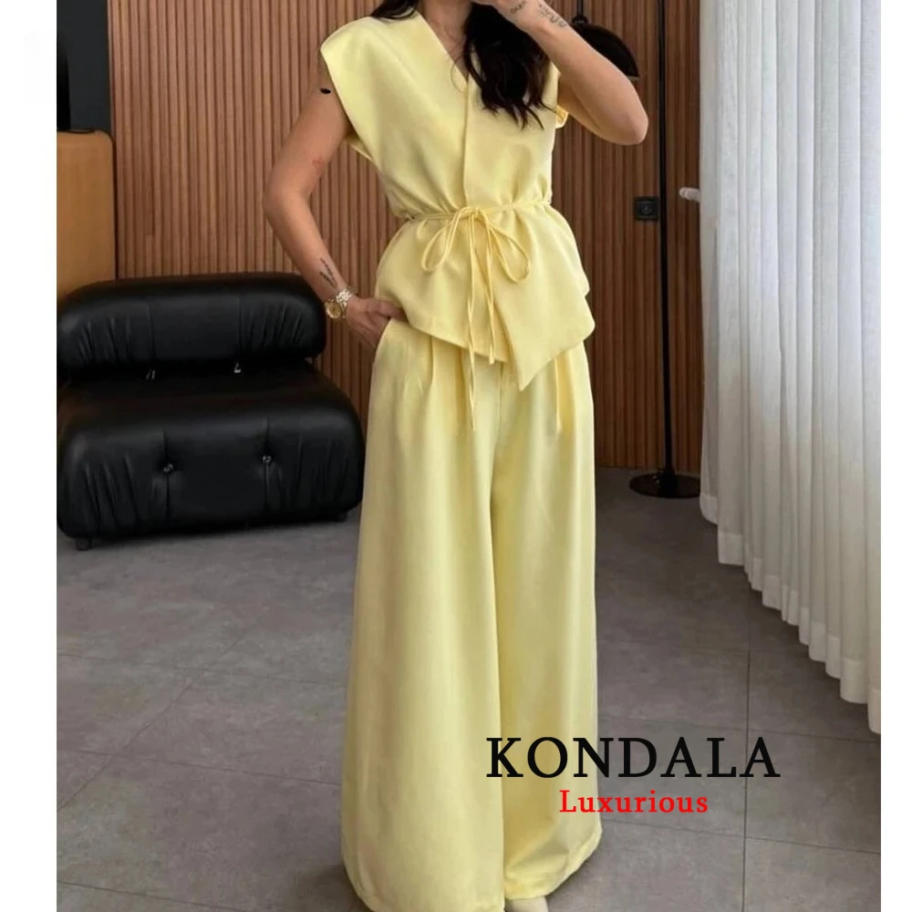 

KONDALA Chic Y2K Yellow Women Casual Elegant Suits Lace-up V-Neck Vest+Elastic Waist Wide LegLong Pants Fashion 2025 Mujer Sets