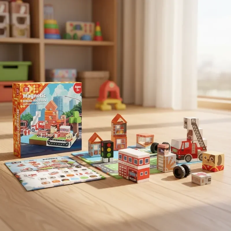 100 pièces blocs magnétiques construction gratuite grand public ville 3D bricolage décor tige cadeau éducatif cadeau de vacances boîte exquise