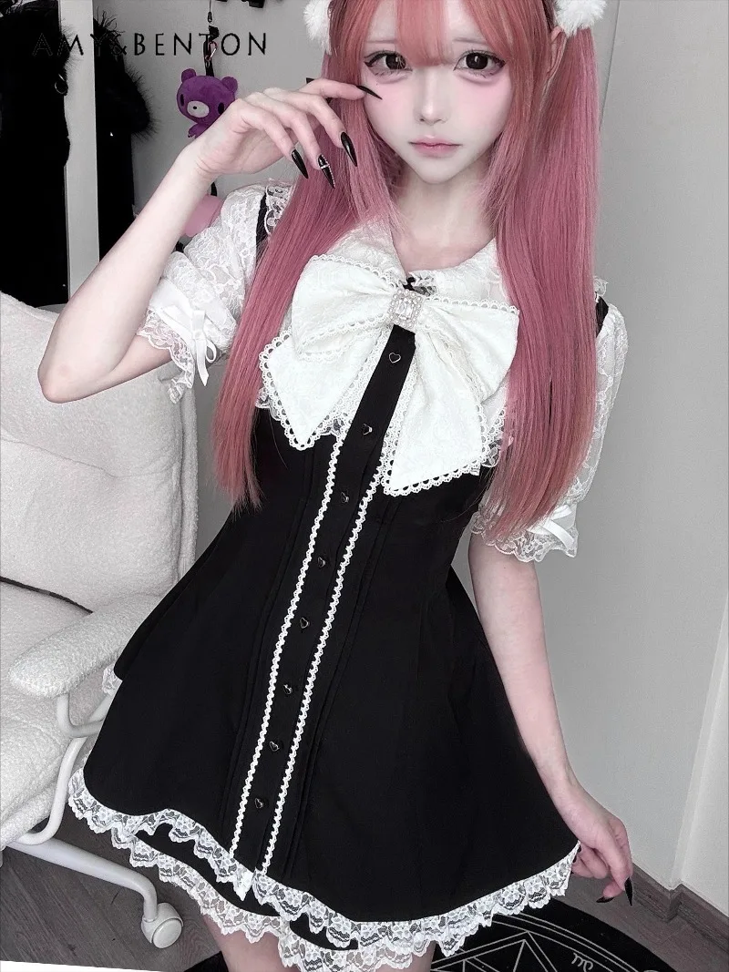 

Landmine Series Mass-Produced Subculture Sets Japanese Sweet Rhinestone Bow Lace Short Sleeve Mini Dress Shorts Two-Piece Set