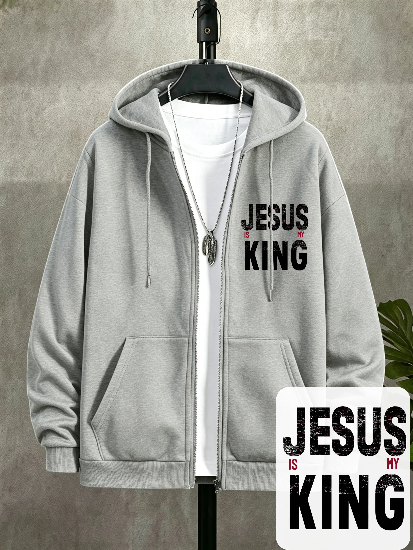 Jesus É Meu Rei, Moletom Masculino com Zíper e Estampa, Roupas Esportivas para Corrida e Academia, Vestuário de Fleece de Outono, Moletom Masculino Ov