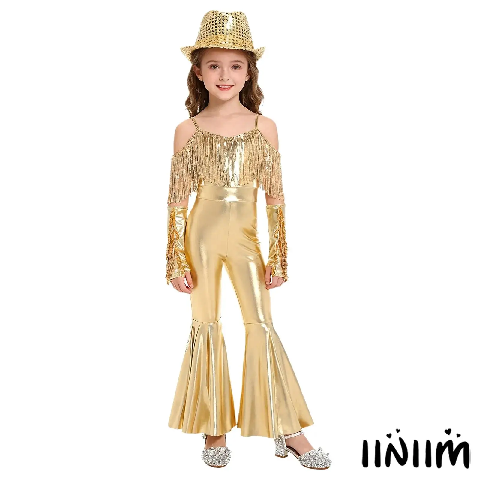 

Kids Girls Disco Jazz Dance Costume Sleeveless Sparkly Sequins Tassels High Waist Flared Jumpsuit with Fedora Hat And Gloves