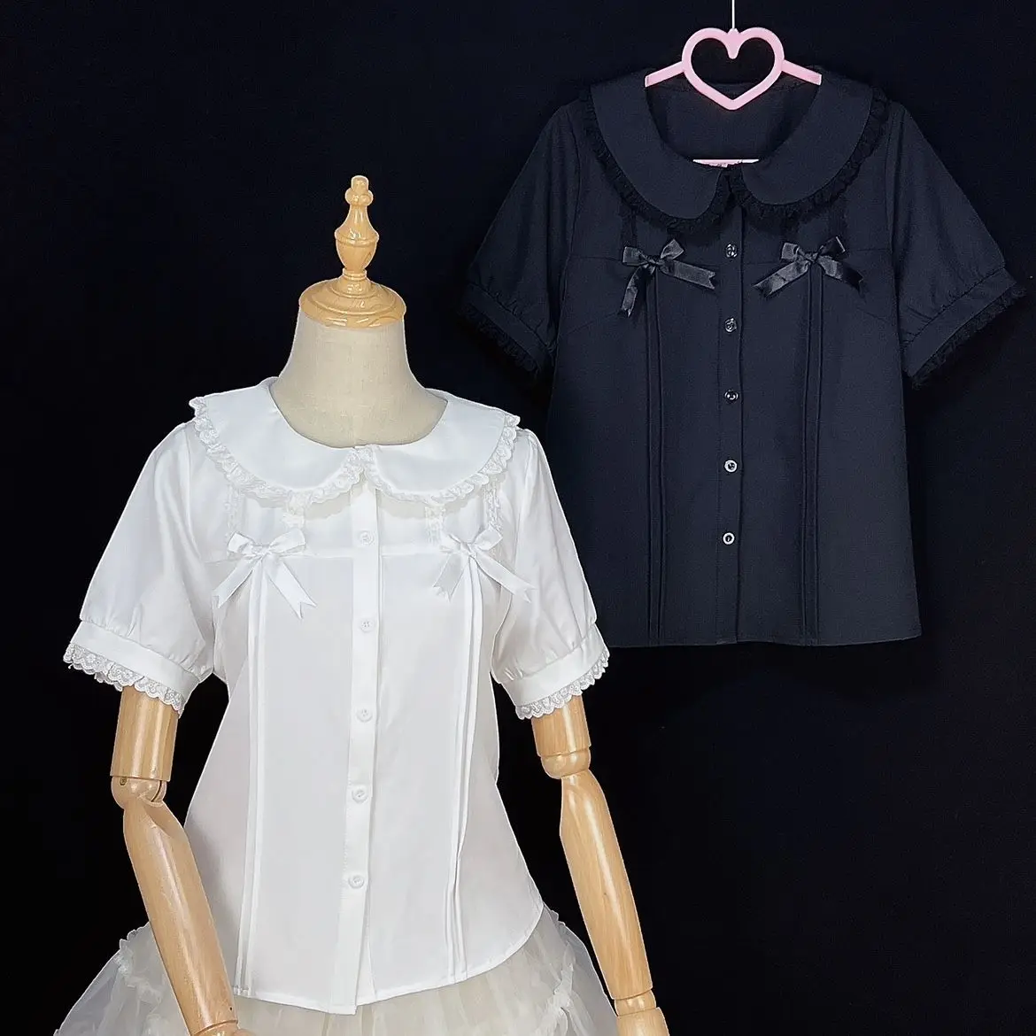 

Japanese Lolita White Shirts Women Preppy Kawaii Bow Lace Black Blouses Summer Harajuku Cute Peter Pan Collar Short Sleeve Tops