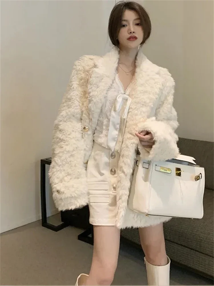 Design Warm Faux Fur Blazer Jackets Winter Thick Korean Fashion Lambwool Coats Women Loose Jaqueta Fashion Luxury Furry Clothing