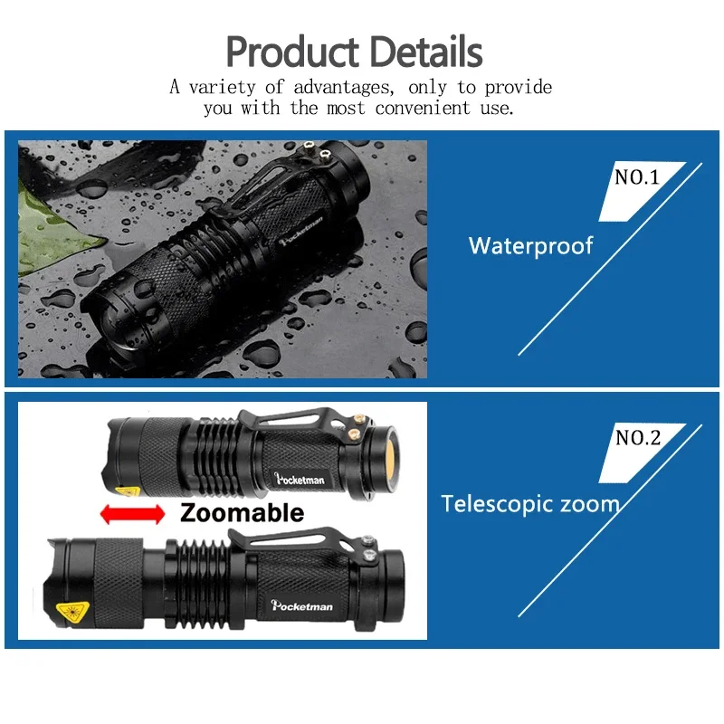 Mini High Power  LED Flashlight Waterproof  LED Torch Adjustable Focus Zoom Flash Light Lamp Use 14500 or 18650 Battery