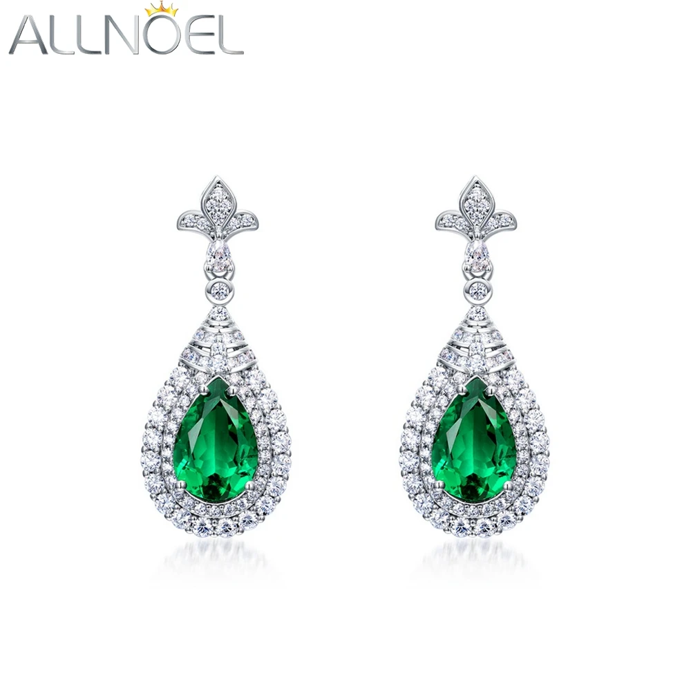 

ALLNOEL Sterling Silver 925 Dangle Earrings For Women Water Drop 7*10mm Lab Created Emerald Green Stone Wedding Jewelry Gifts