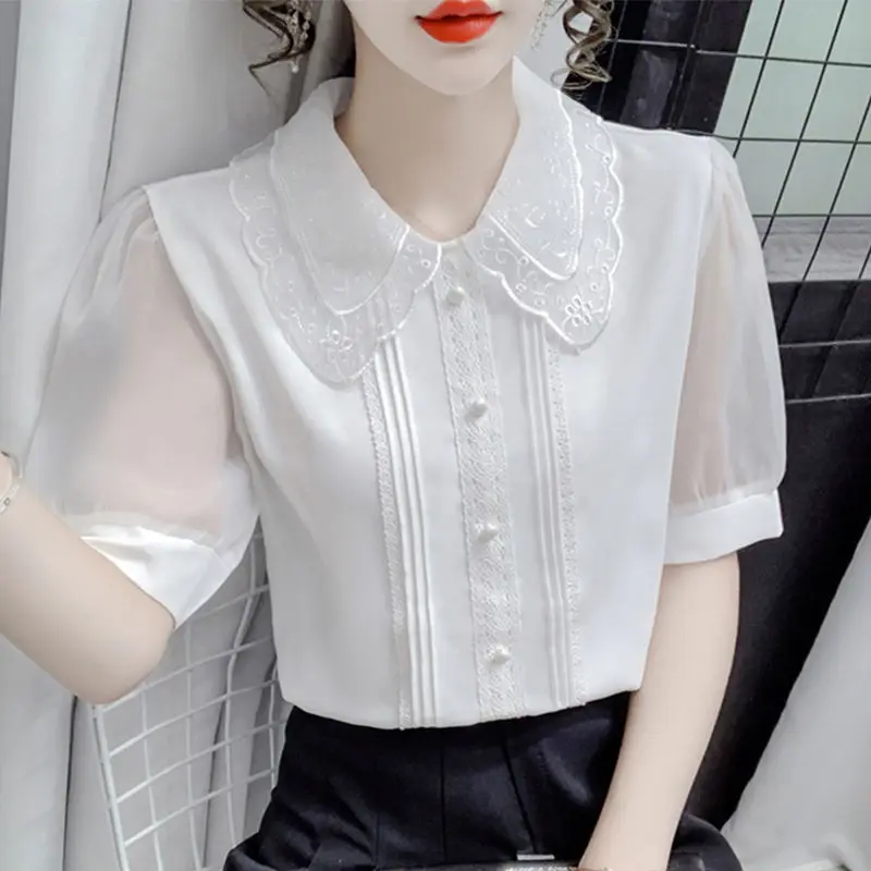 Fashion Women\'s Chiffon Shirt Summer Wild Short Sleeve Gauze Pullovers Elegant Women Slim White Urban Office Wear Blouses 2022