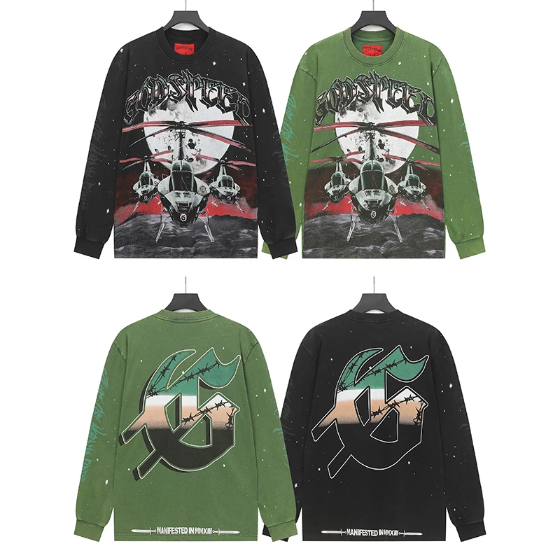 غسلها القطن Godspeed بأكمام طويلة تي شيرت كلاسيكي أسود أخضر هليكوبتر طباعة الأبيض النافثة للحبر الجولة الرقبة القمم Y2K ملابس للرجال #1