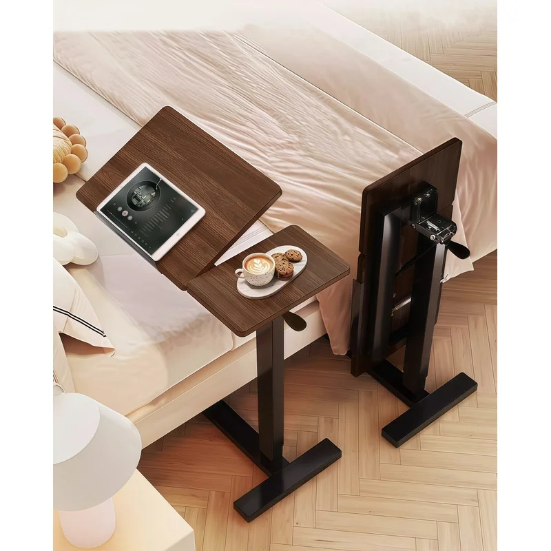 Adjustable Rolling Laptop Stand with Tilting Tray, Walnut Overbed Desk for Bed or Sofa, Mobile Height-Adjustable Table with Wheels