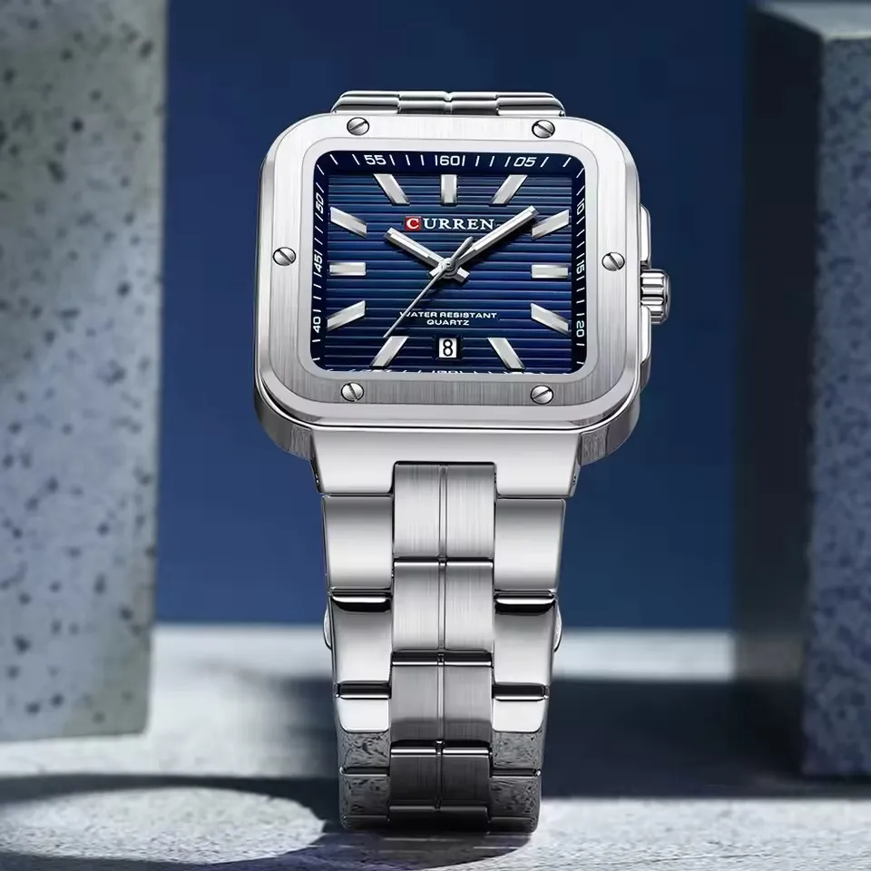 CURREN 8479 Orologio al quarzo da uomo di moda di marca Elegante quadrante quadrato Calendario Cinturino in acciaio impermeabile Orologi casual da lavoro per uomo