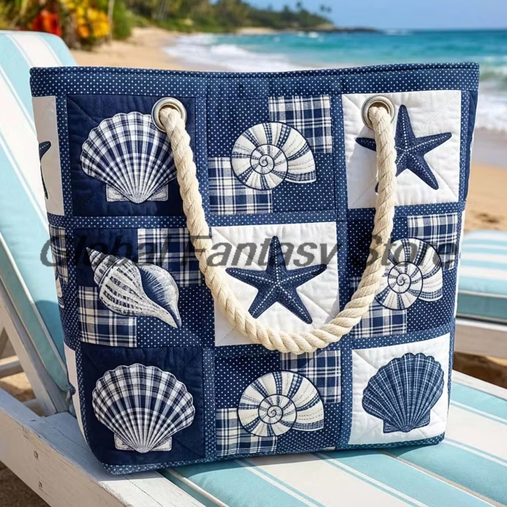 

Nautical Coastal Quilted Beach Bag Starfish Seashell Print Shoulder Bag Men Women Daily Handbag Shopping Tote
