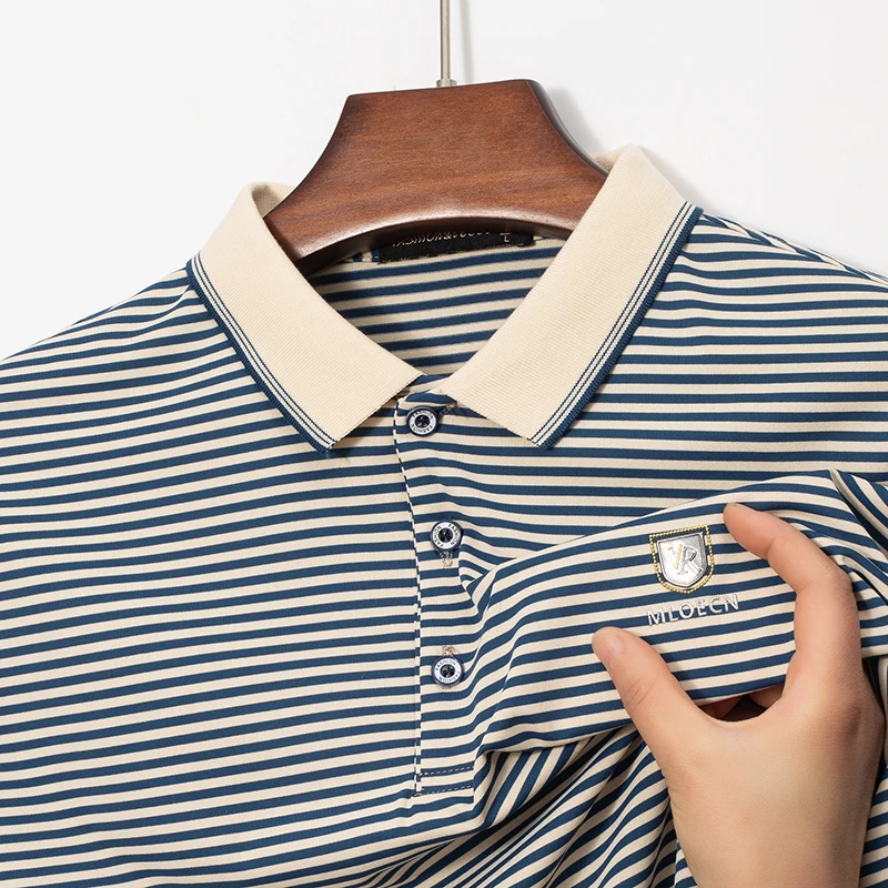 

Men's Short Sleeved Polo Shirt with Ice-Silk Stripes Collared, Summer 2026 New Arrival Minimalist and Stylish Top for Mature Men