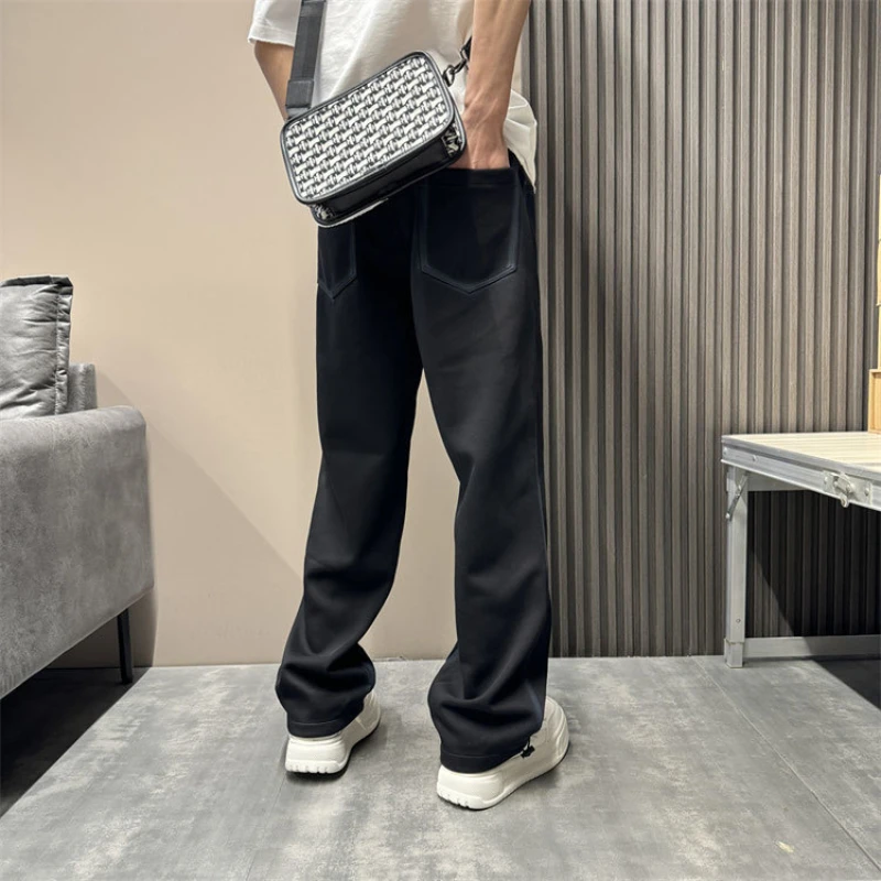 Youth Trendy 2024 Spring New Wei Pants Men's Solid Color Pockets Drawstring Elastic High Waisted Loose Straight Casual Trousers