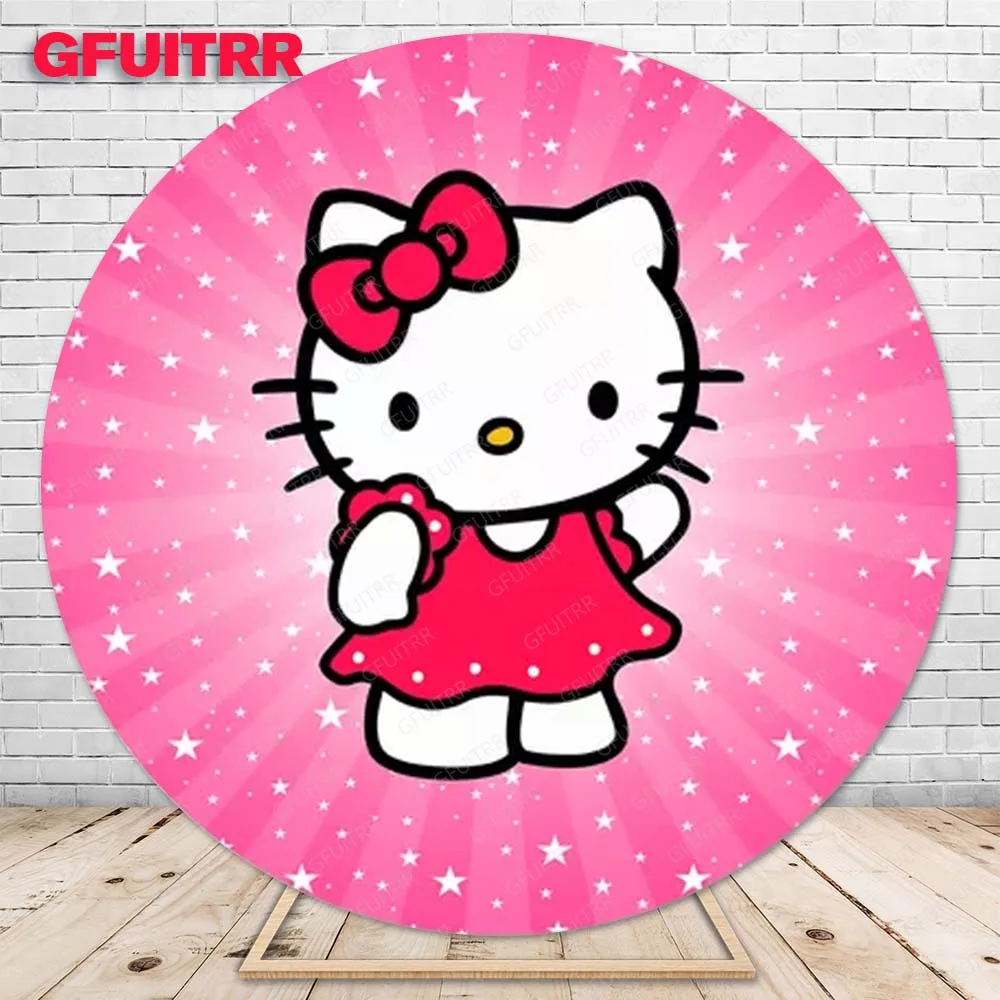 Hello kitty Round Backdrop Kids Birthday Party Cat Decoration Pink Photography Background Cylinder Cover Baby Shower Prop