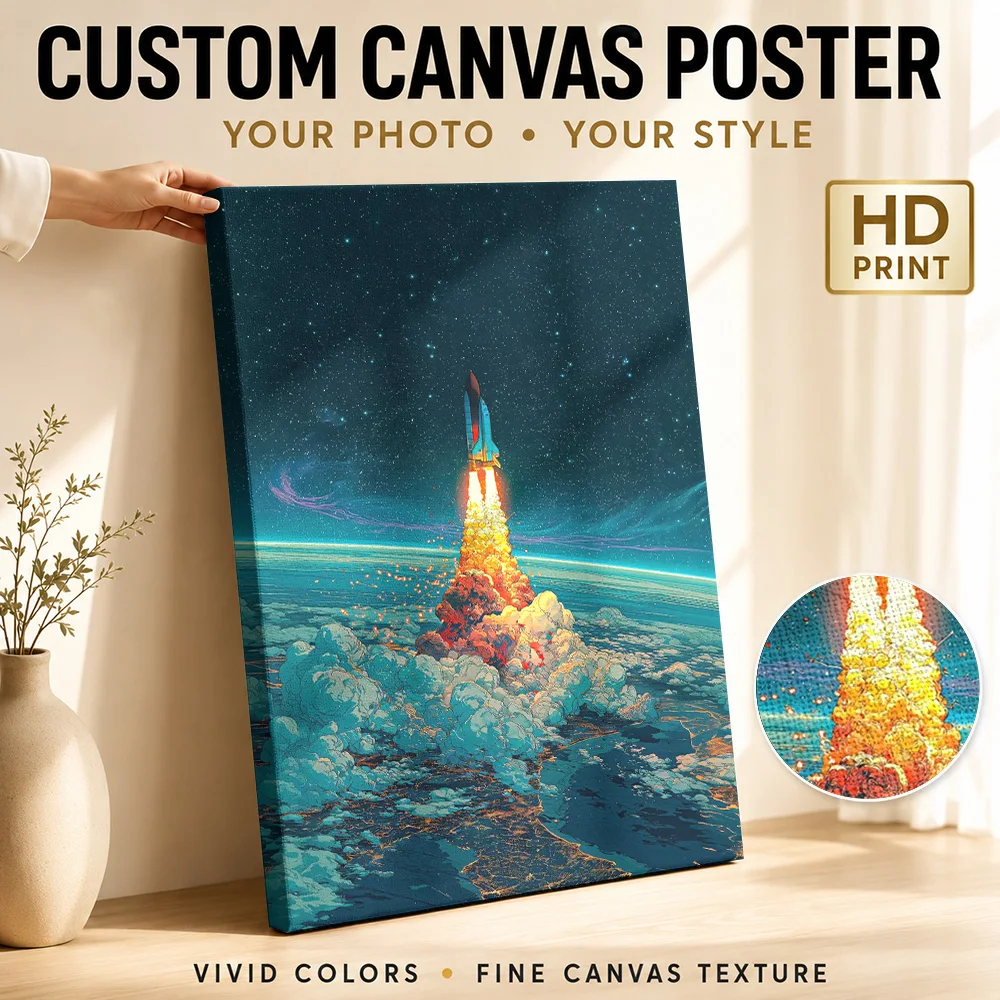 Space Shuttle Launching Into Orbit Framed Canvas Poster Personalized Photo Expressive Brushwork Wall Art For Science Classroom