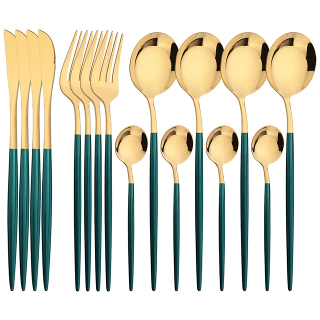 Ensemble de couverts en acier inoxydable, vaisselle verte et dorée, couteau, fourchette, cuillère à thé, ensemble de couverts Queen, argenterie de cuisine, britware, 16 pièces