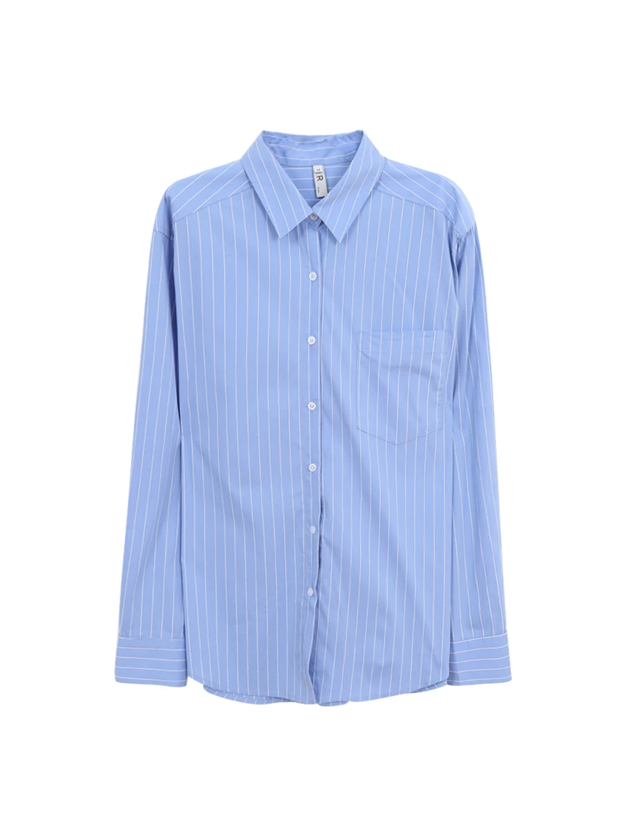 

Женская корейская версия Long Sve irt в синюю полоску Lazy Sle Commute, смесь хлопка прямого кроя G Sle Red Celebri op