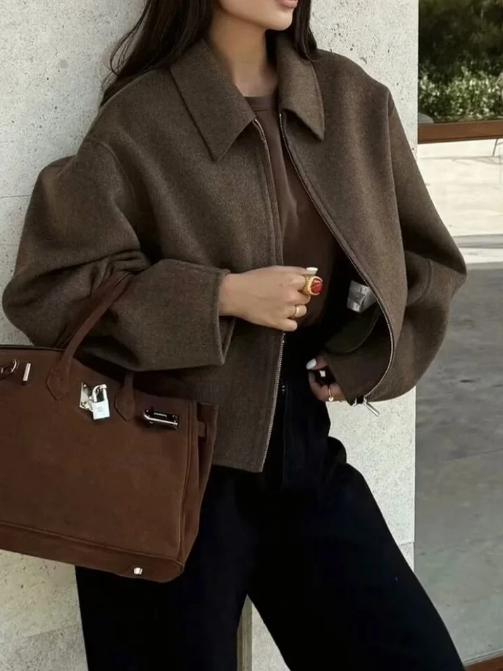 

2025 Autumn Winter New Zipper Collar Jacket Jacket Women Street Wear Solid Color Loose Long Sleeve Jacket