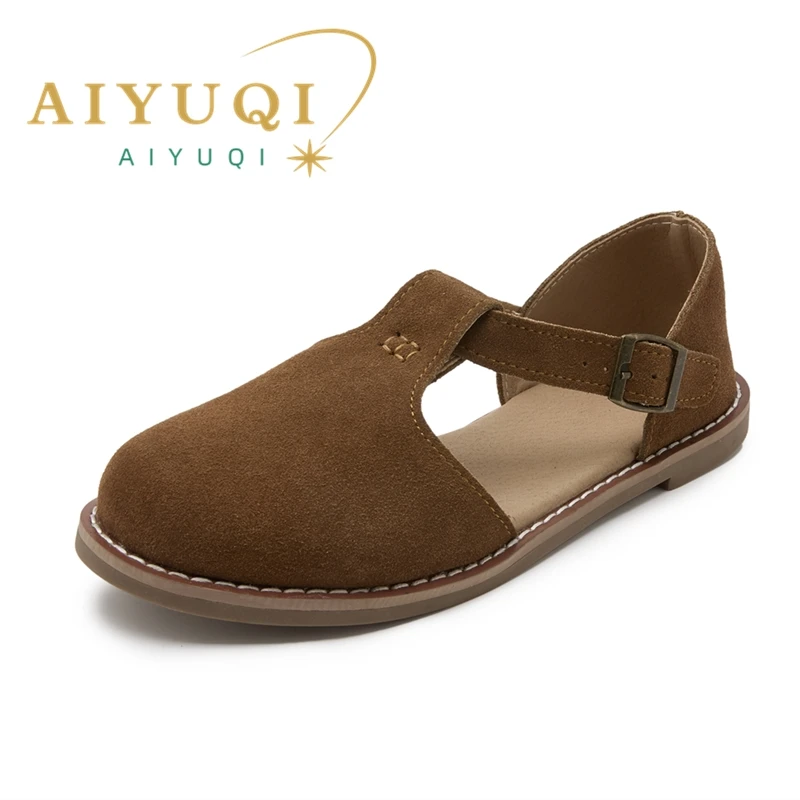 AIYUQI-Sandales rétro à l\'offre elles plates en cuir véritable conviviale ré pour femme, chaussures creuses, style Baotou romain, nouvelle