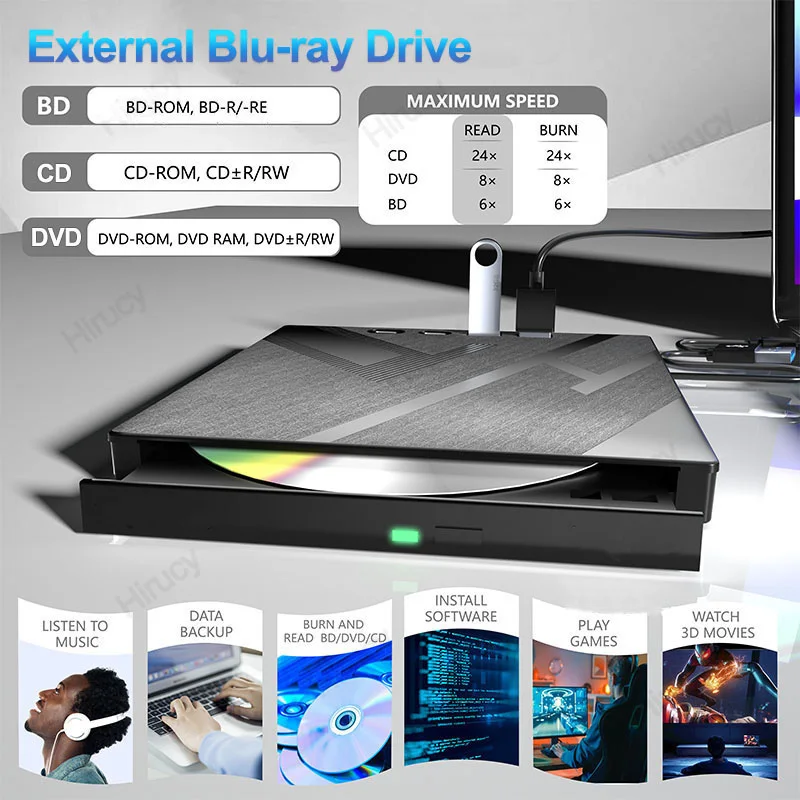 USB 3.0 Type-C External Blu-ray Optical Drive for Laptop PC Portable BD DVD CD -/+RW Player Burner Reader with SD/TF Card Slot