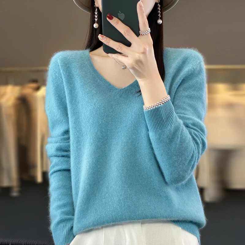 

Knitted sweater cashmere sweater women's 100% merino wool V-neck fashion pullover winter autumn pullover top women's clothing