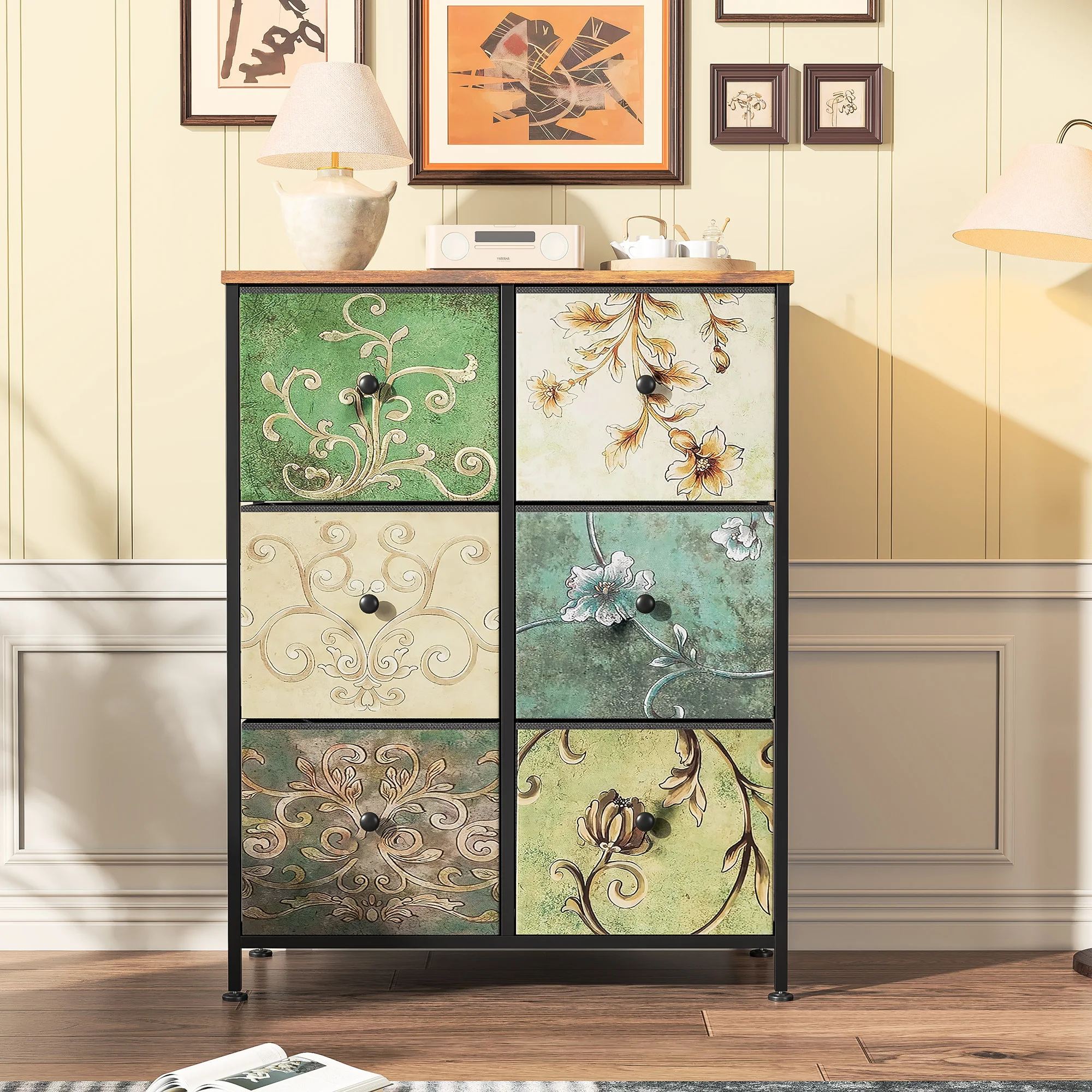 Cassettiera retrò, cassettiera con 6 cassetti in tessuto, credenza con cassetti in tessuto, per