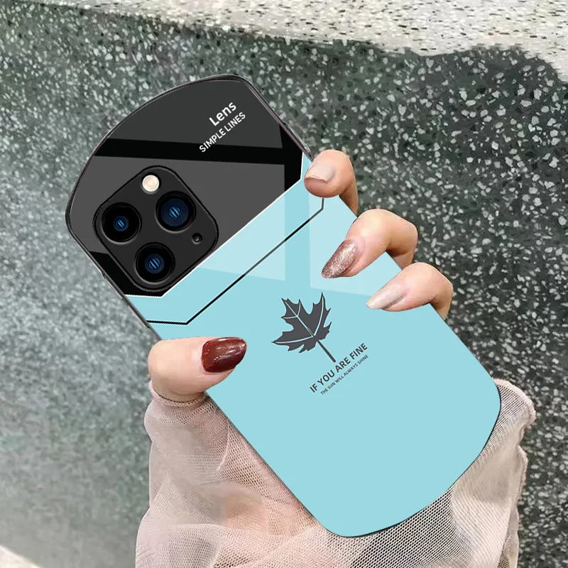 Far Peak Blue Maple Leaf For Iphone 11 12 13 14 15 Pro Max Plus Mini 7 8 Se 2020 X Xs Xr Elliptical Tempered Glass Phone Case