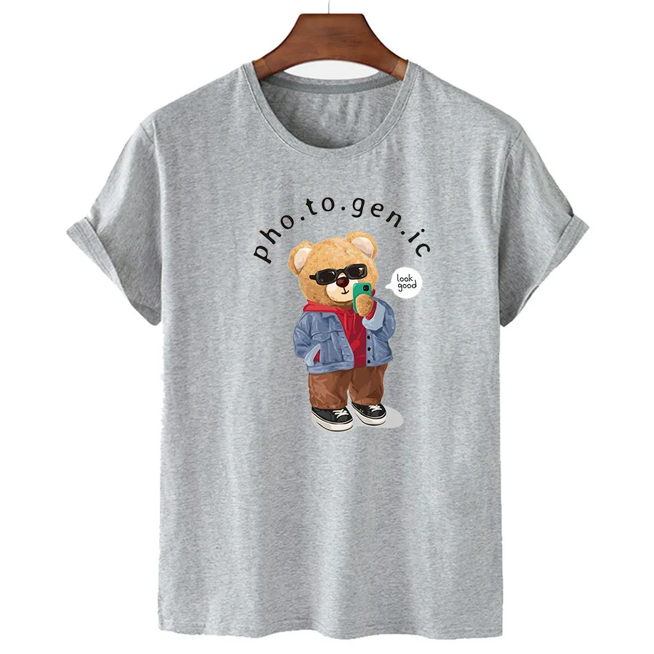 100% Cotton Photo Bear Print T-shirt 2022 Women's Fashion Shirt Unisex Short Sleeve O-neck T-shirt Summer Fashion Couple T-shirt