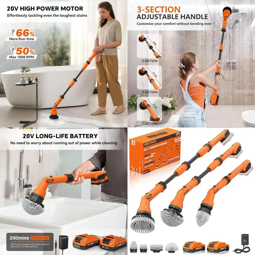 

Cordless 20V Spin Scrubber, 1000RPM, Waterproof, Adjustable Handle, 4 Brushes, Hook & Gloves for Cleaning Tiles, Walls, and Floo