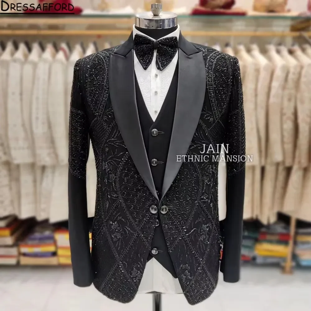 Black Men's Suits Fashion 3 Pieces Sets Groom Prom Blazers Handmade Beading Decoration Tuxedos Men