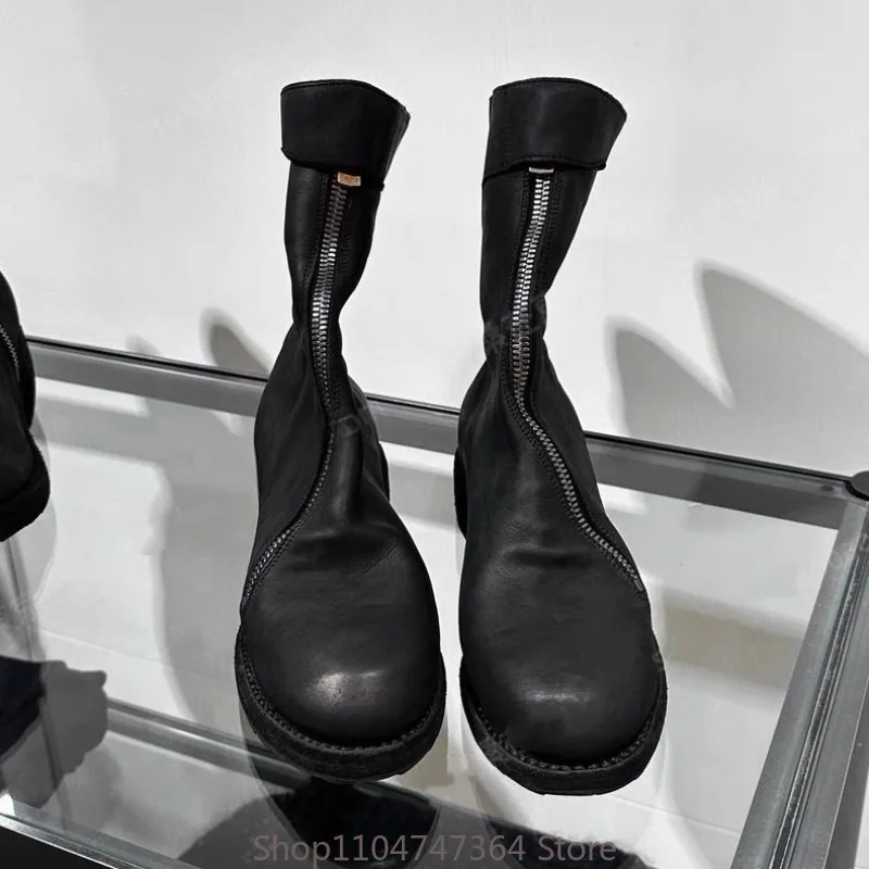 Retro Work Chelsea Boots Men's Shoes Wear-resistan Motorcycle Genuine Leather Mid Calf Knight Boots Male Casual High Top