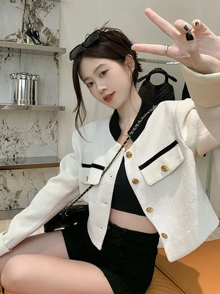 Stand Collar Patchwork Women Jacket Short  Long Sleeve Buttons Fake Pocket Female Coat 2024 Fashion Spring Casual Lady Overcoat