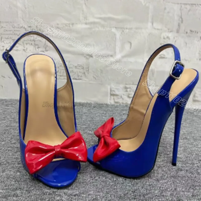 

Blue Bowknot Decor Elegant Sandals Peep Toe Patent Leather Sweet Style Ankle Buckle Dress Party Shoes 2025 Zapatos Para Mujere